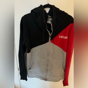 GymShark Tri-Panel Zip Hoodie Black/White/Red Size Medium Rare